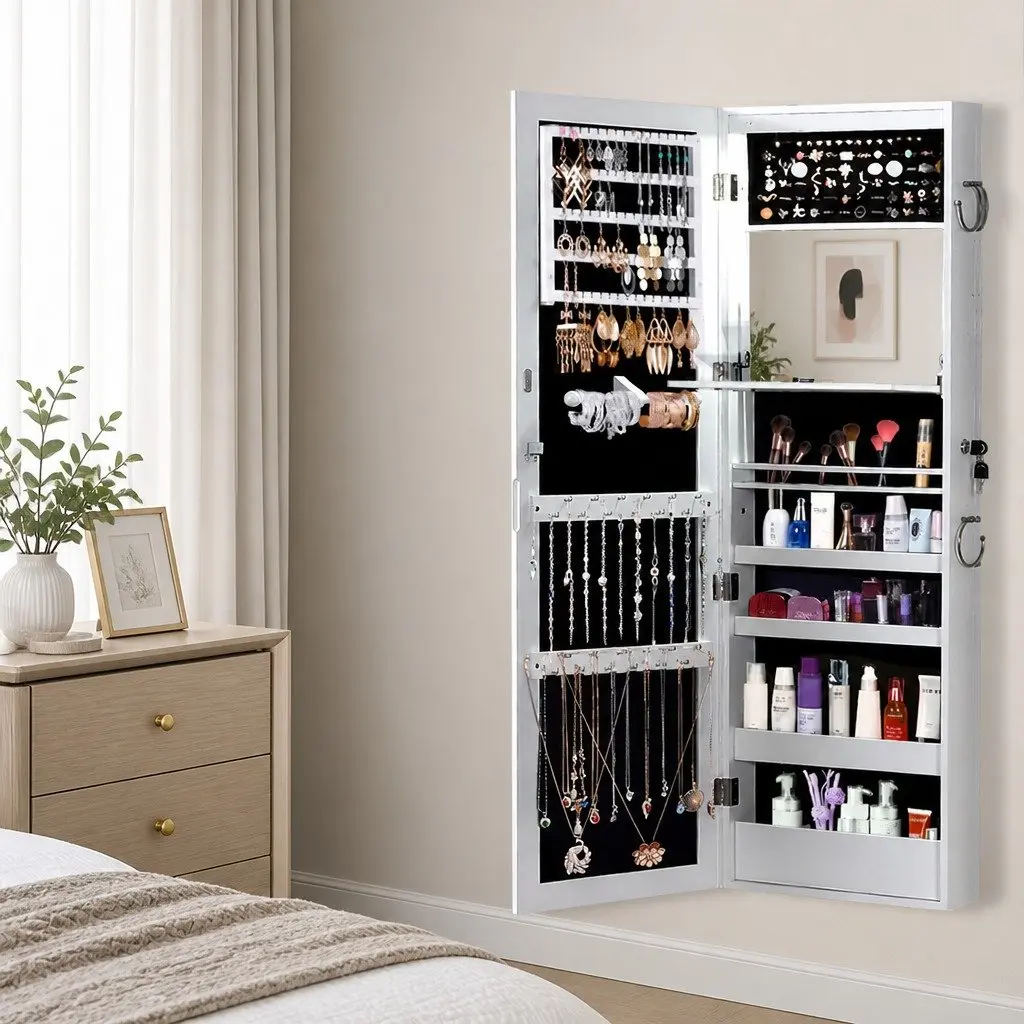 Jewellery Cabinet Full Length Mirror Wall Mounted Door Hanging Storage Organiser 37cm x 9cm x 122cm