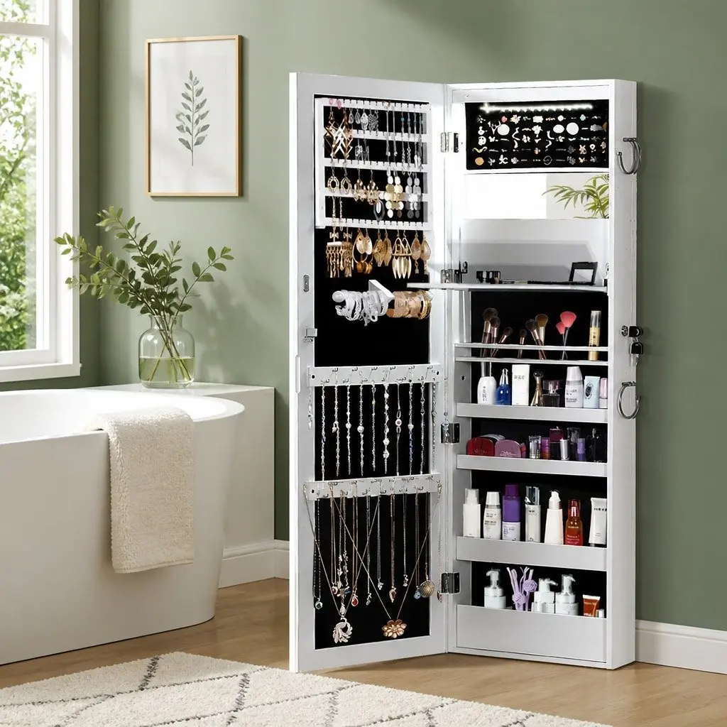 Jewellery Cabinet Full Length Mirror Wall Mounted Door Hanging Storage Organiser 37cm x 9cm x 122cm
