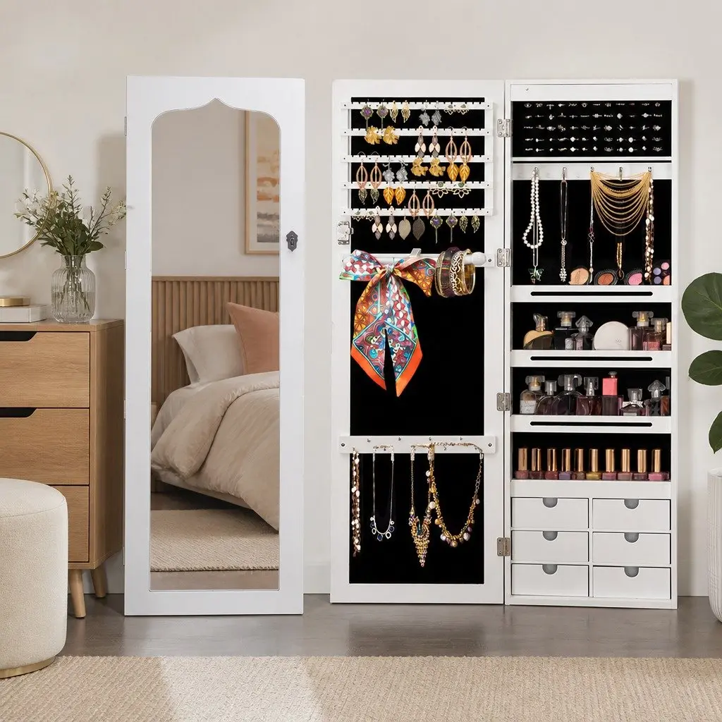 Full Length Mirror Jewellery Cabinet Wall Mounted Door Hanging Storage Lockable