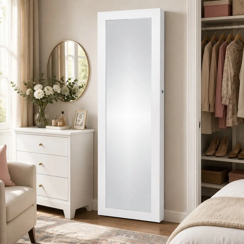 Full Length Mirror Jewellery Cabinet Wall Door Mount Storage with LED Lights 37cm W x 8.7cm D x 120cm H