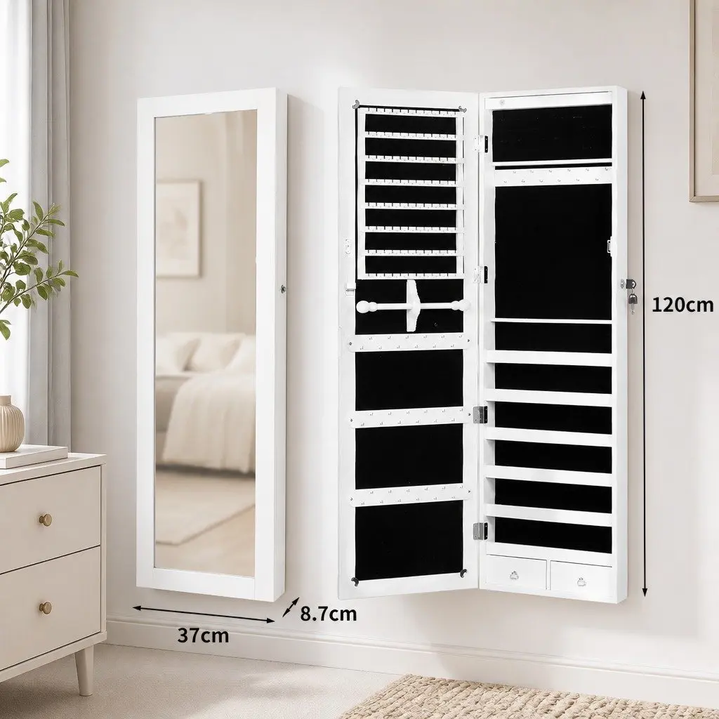 Full Length Mirror Jewellery Cabinet Wall Door Mount Storage with LED Lights 37cm W x 8.7cm D x 120cm H