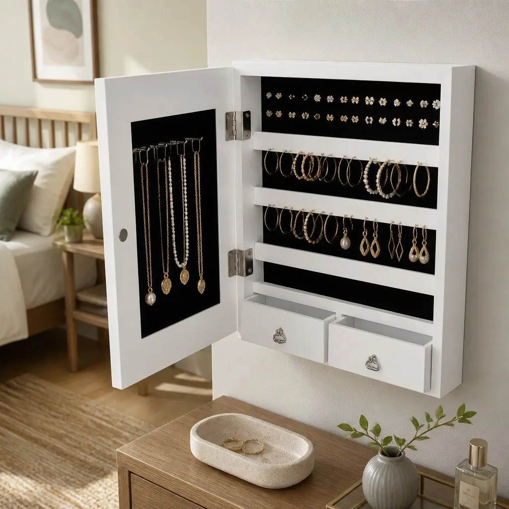 Full Length Mirror Jewellery Cabinet Wall Door Mount Storage with LED Lights 37cm W x 8.7cm D x 120cm H