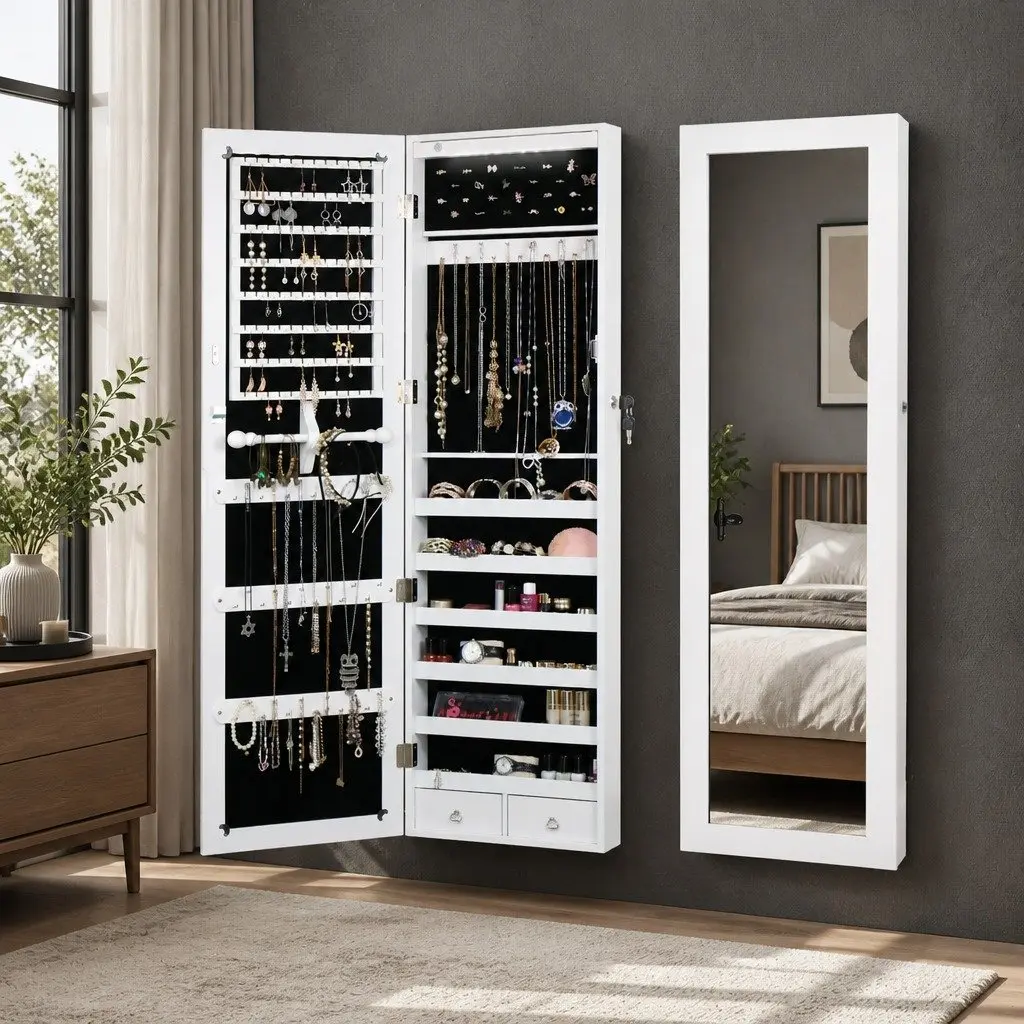 Full Length Mirror Jewellery Cabinet Wall Door Mount Storage with LED Lights 37cm W x 8.7cm D x 120cm H