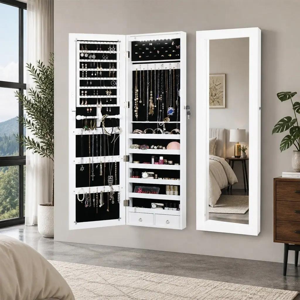 Full Length Mirror Jewellery Cabinet Wall Door Mount Storage with LED Lights 37cm W x 8.7cm D x 120cm H