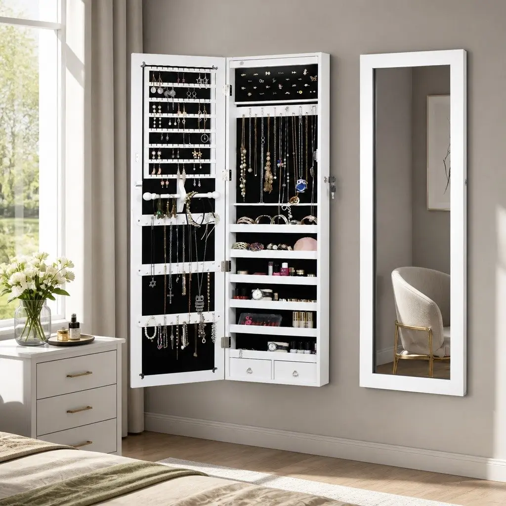 Full Length Mirror Jewellery Cabinet Wall Door Mount Storage with LED Lights 37cm W x 8.7cm D x 120cm H