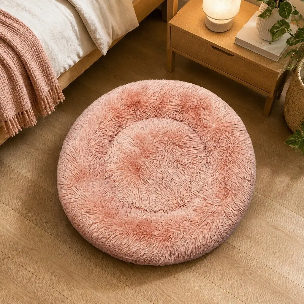 Large Donut Pet Bed Cat Dog Calming Nest Round Cushion Non-Slip Pink