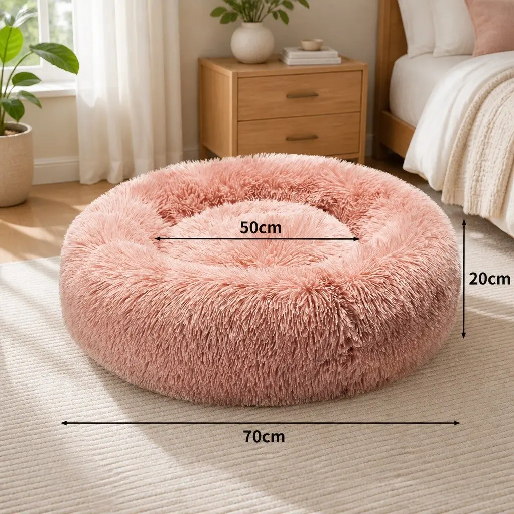 Large Donut Pet Bed Cat Dog Calming Nest Round Cushion Non-Slip Pink