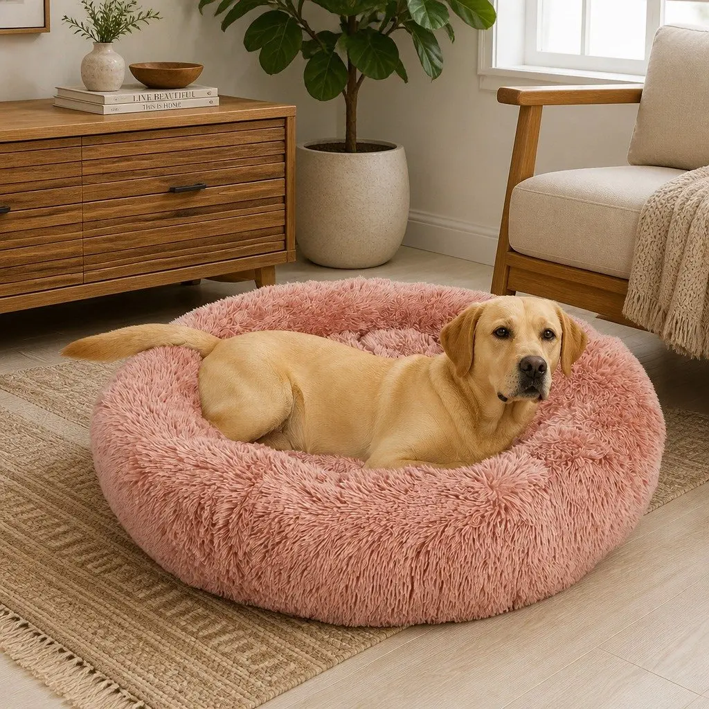 Large Donut Pet Bed Cat Dog Calming Nest Round Cushion Non-Slip Pink