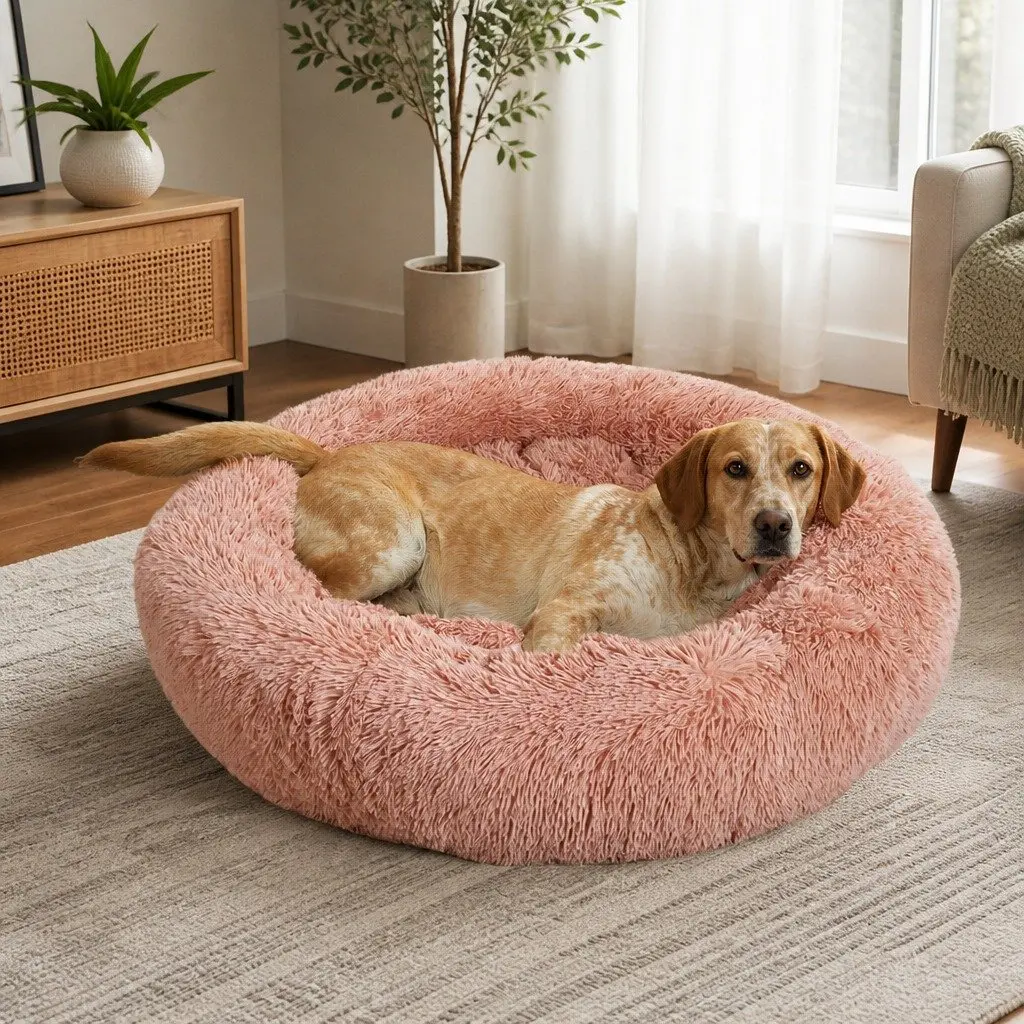 Pet Bed for Cats and Dogs Medium Donut Nest Calming Pink Plush
