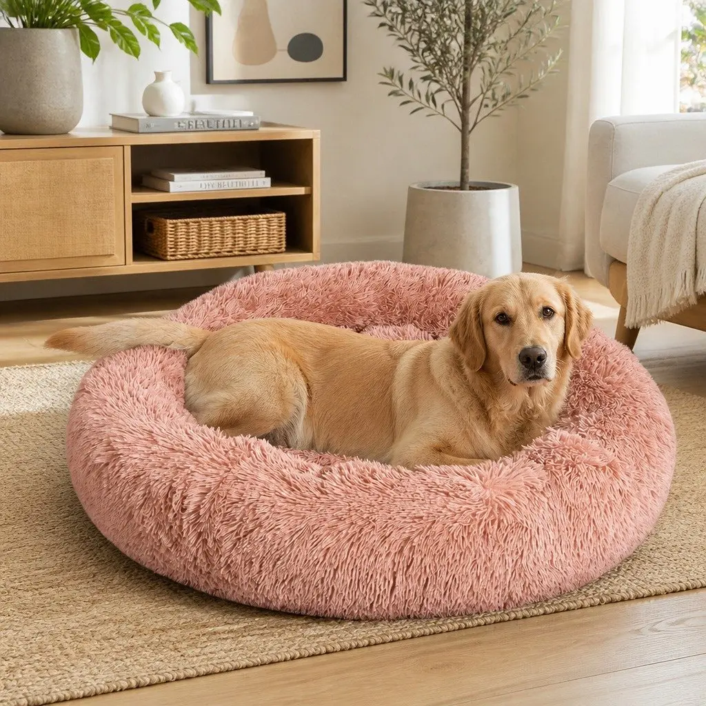 Pet Bed for Cats and Dogs Medium Donut Nest Calming Pink Plush