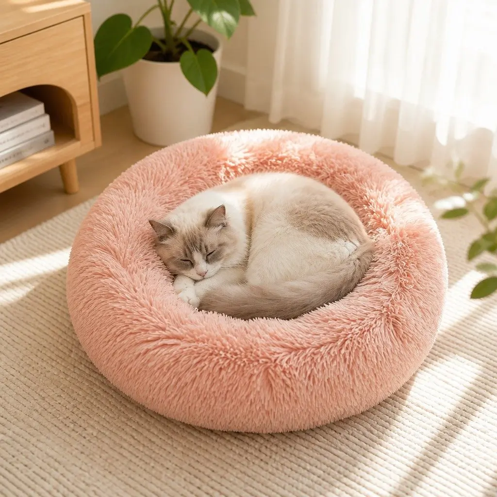 Pet Bed Donut Nest Calming Raised Rim Small S Pink
