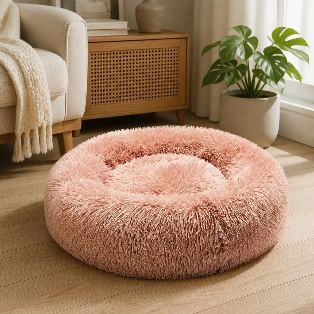 Pet Bed Cat Dog Donut Nest Calming Bed XL Pink Raised Rim Machine Washable