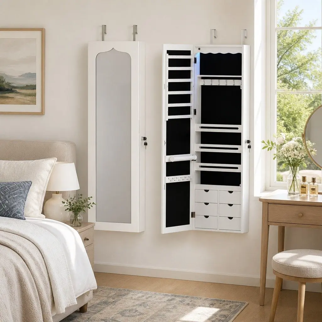 Jewellery Cabinet LED Mirror Lockable White Wall Mount Over Door Storage