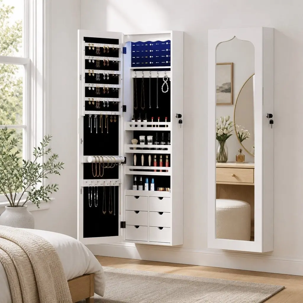 Jewellery Cabinet Wall Mount Over Door Full Length Mirror LED Light White