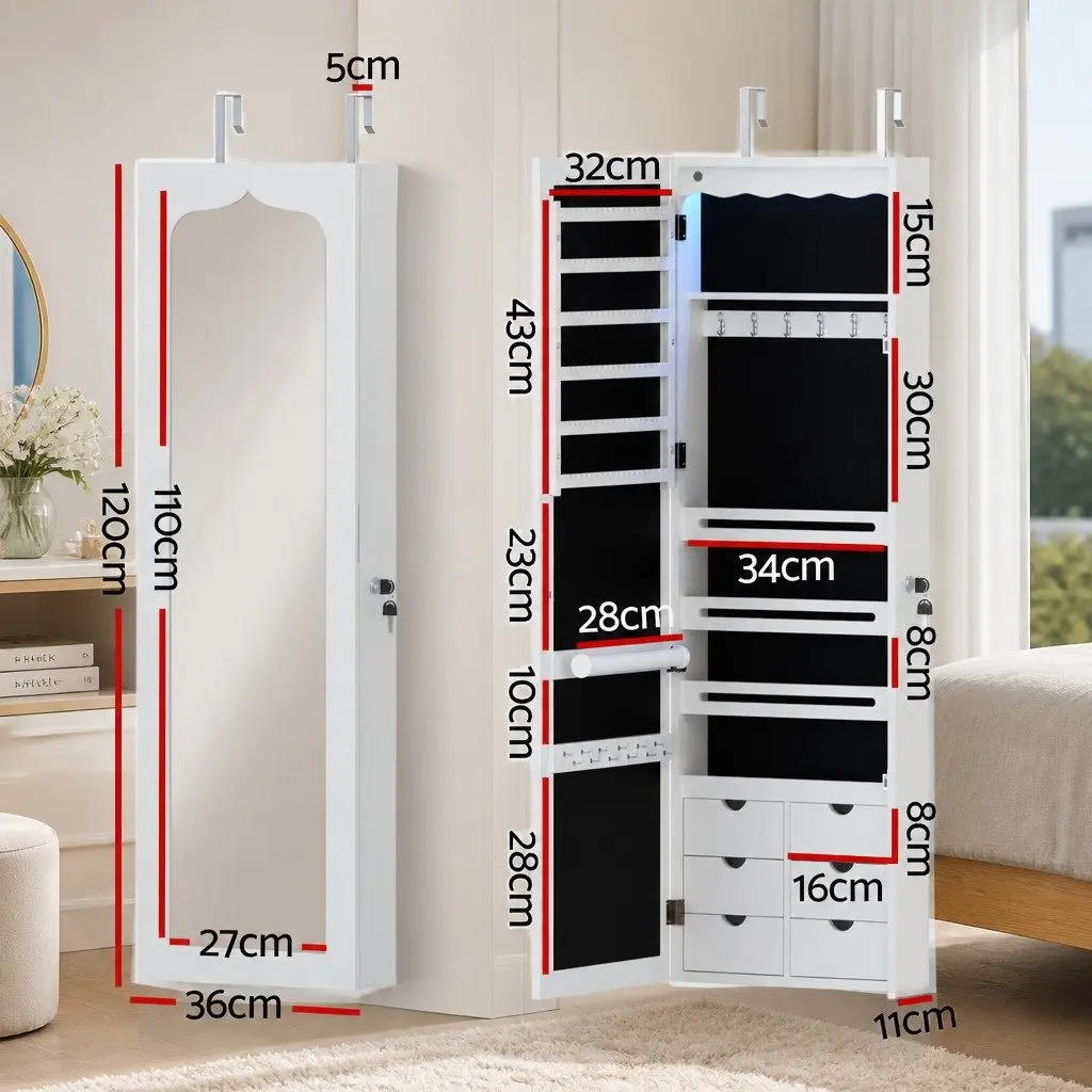 Jewellery Cabinet Wall Mount Over Door Full Length Mirror LED Light White