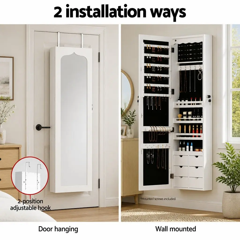 Jewellery Cabinet Wall Mount Over Door Full Length Mirror LED Light White