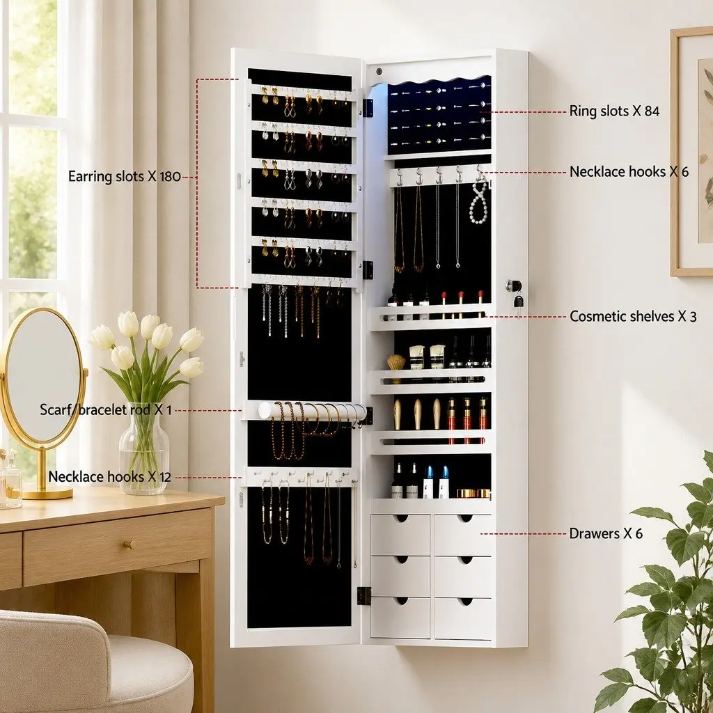 Jewellery Cabinet Wall Mount Over Door Full Length Mirror LED Light White