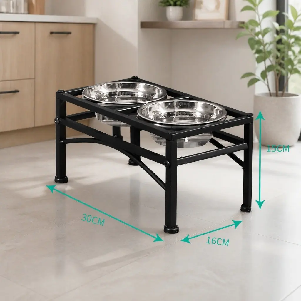Dual Elevated Raised Pet Dog Feeder Small Stainless Steel Bowls Non-Slip Base