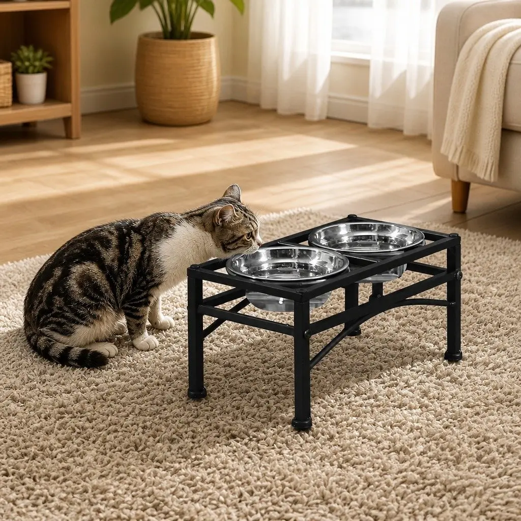 Dual Elevated Raised Pet Dog Feeder Small Stainless Steel Bowls Non-Slip Base
