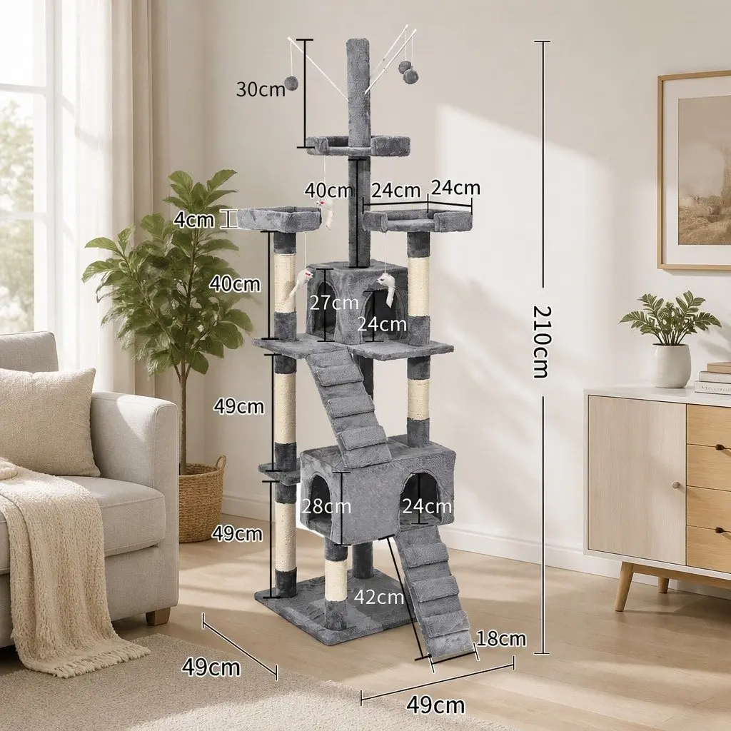 Cat Tree Scratching Post Multi-Level Climbing Frame Sisal Poles Plush Grey