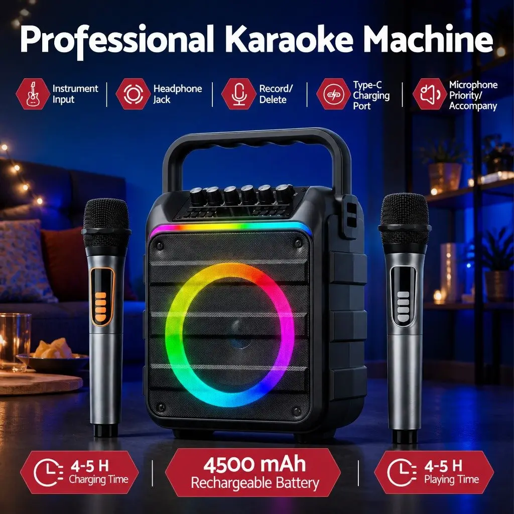 Karaoke Machine for Home Entertainment with 2 Wireless Microphones Bluetooth Speaker