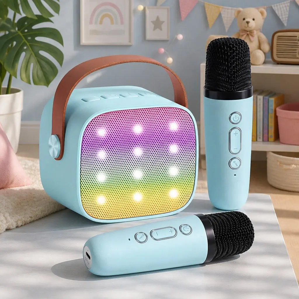 Mini Portable Karaoke Machine with 2 Wireless Microphones Bluetooth Speaker