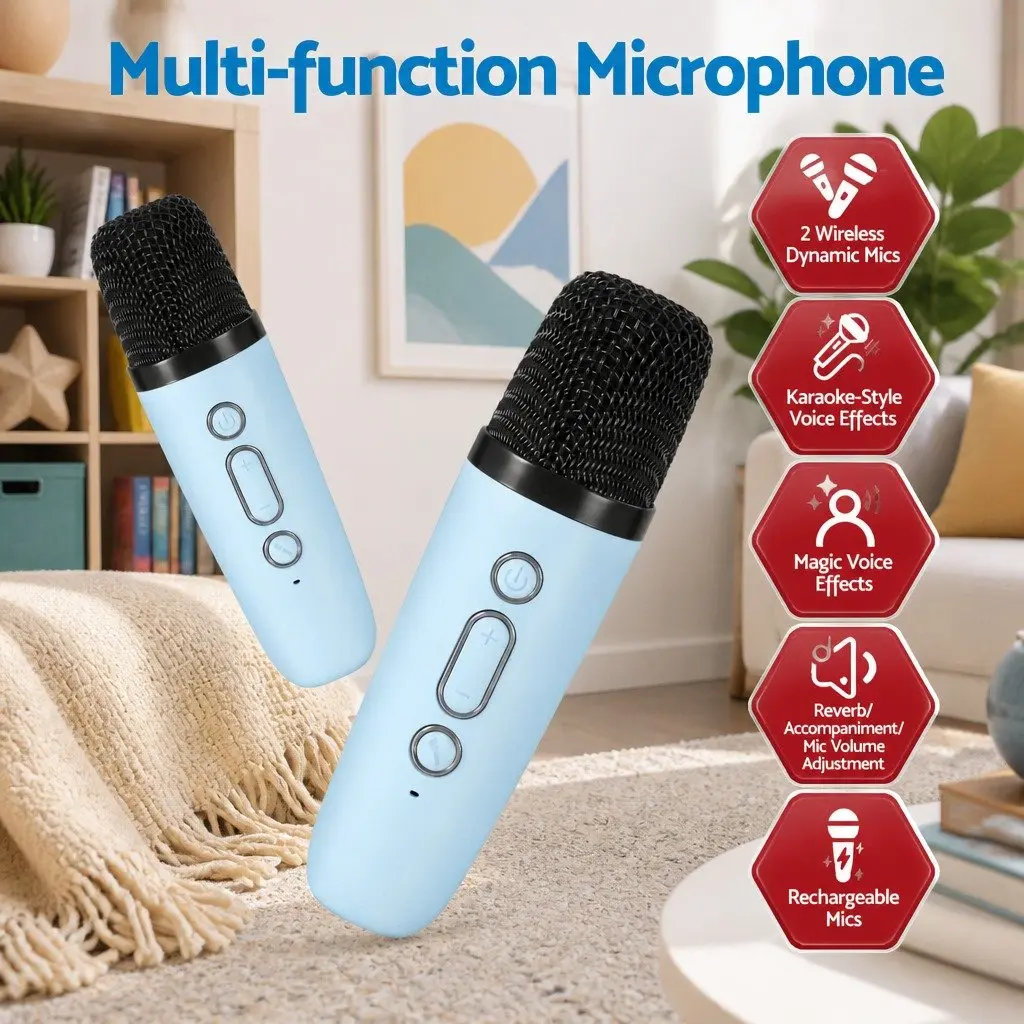 Mini Portable Karaoke Machine with 2 Wireless Microphones Bluetooth Speaker