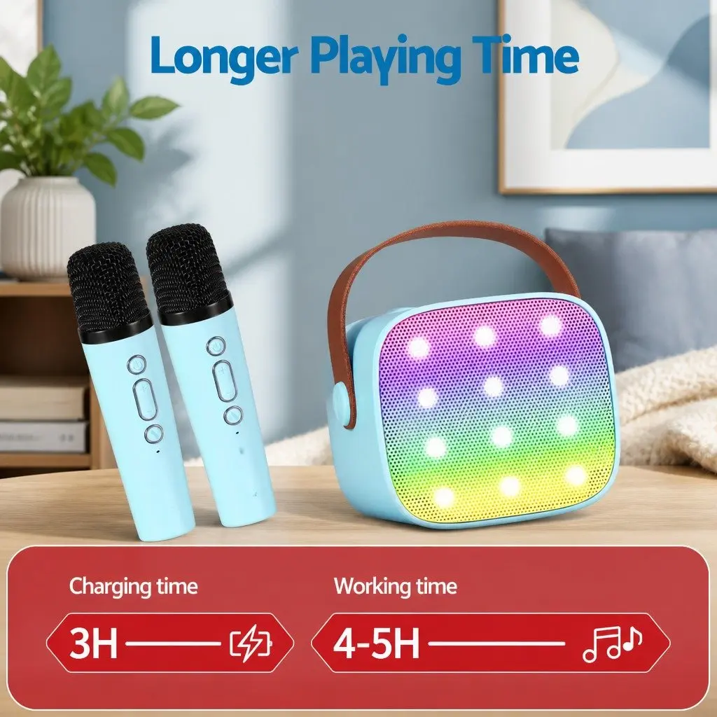 Mini Portable Karaoke Machine with 2 Wireless Microphones Bluetooth Speaker