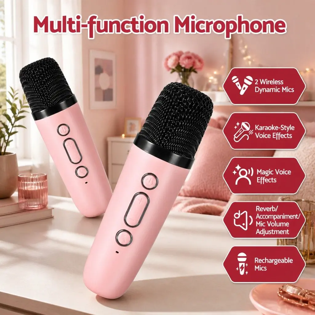 Mini Karaoke System in Pink with Two Microphones