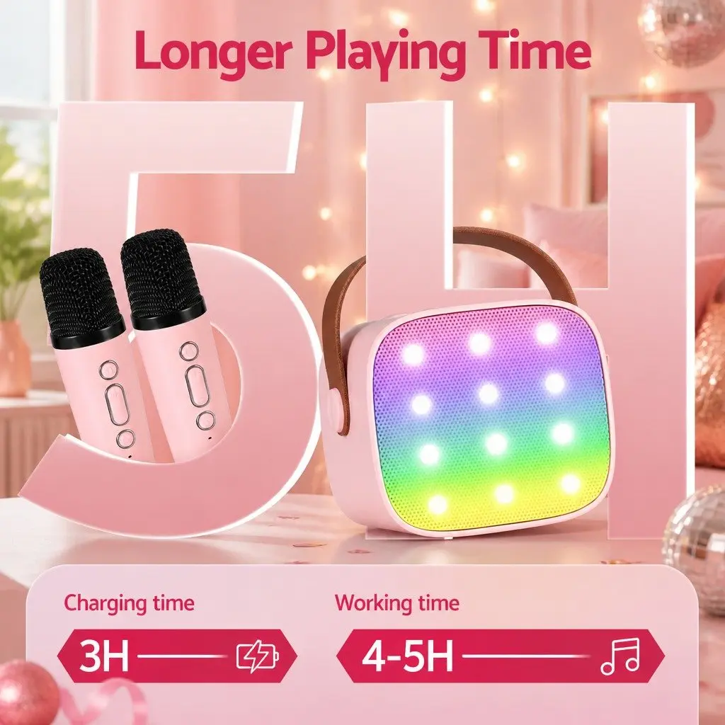Mini Karaoke System in Pink with Two Microphones