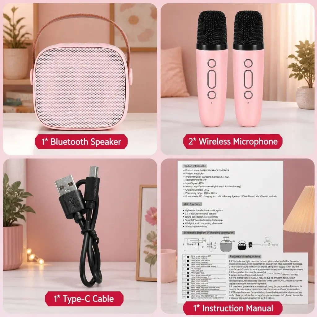 Mini Karaoke System in Pink with Two Microphones