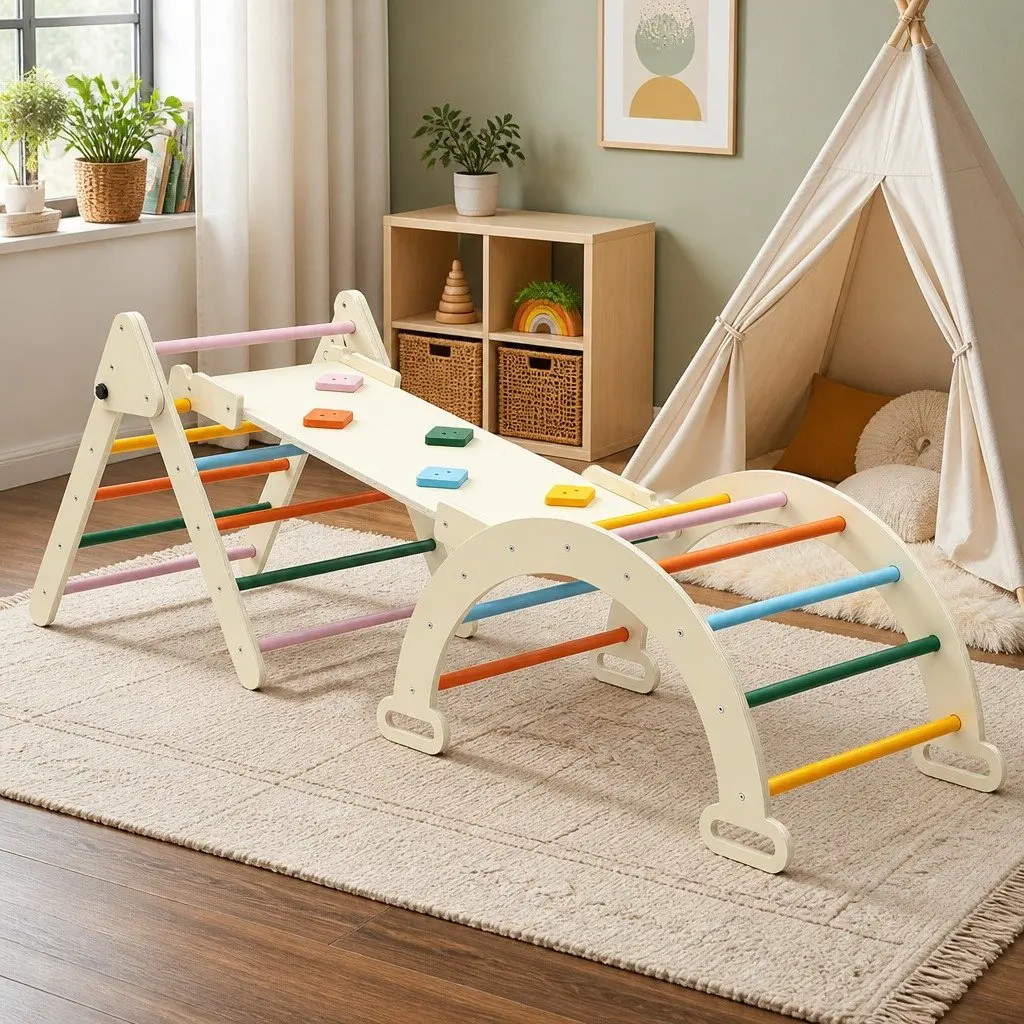 Kids Triangle Climbing Toys Set With Slide Indoor Outdoor Toddler Pikler