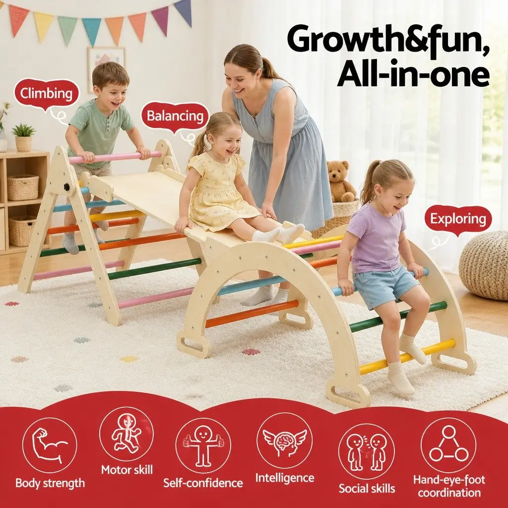 Kids Triangle Climbing Toys Set With Slide Indoor Outdoor Toddler Pikler