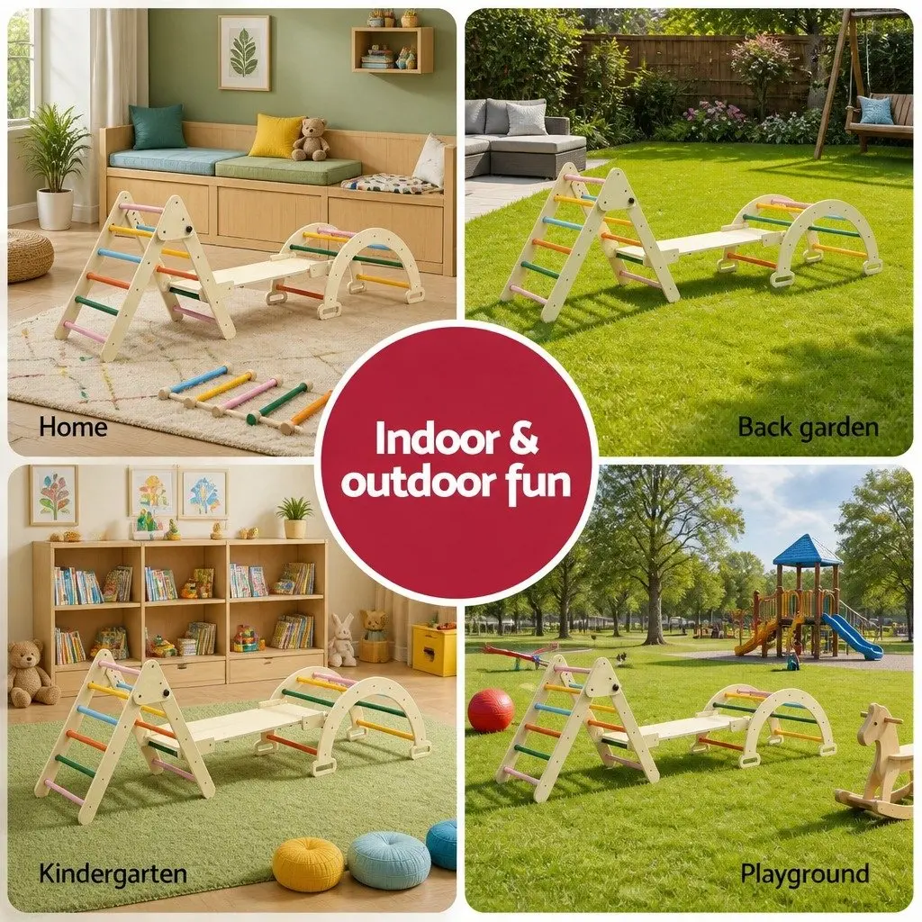 Kids Triangle Climbing Toys Set With Slide Indoor Outdoor Toddler Pikler