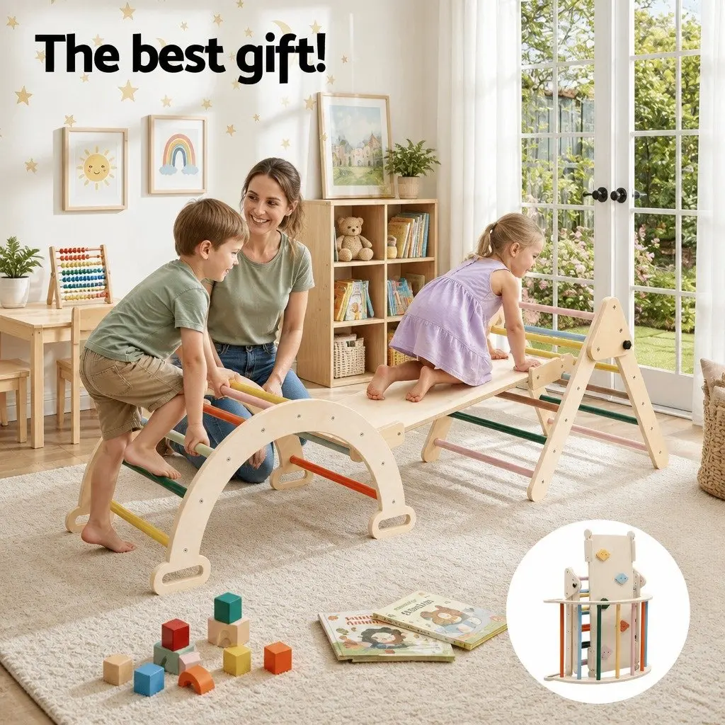 Kids Triangle Climbing Toys Set With Slide Indoor Outdoor Toddler Pikler
