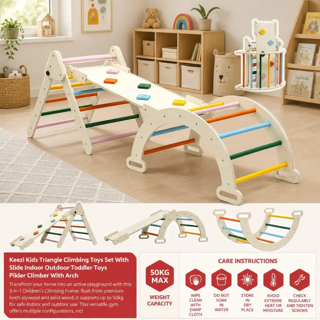 Kids Triangle Climbing Toys Set With Slide Indoor Outdoor Toddler Pikler