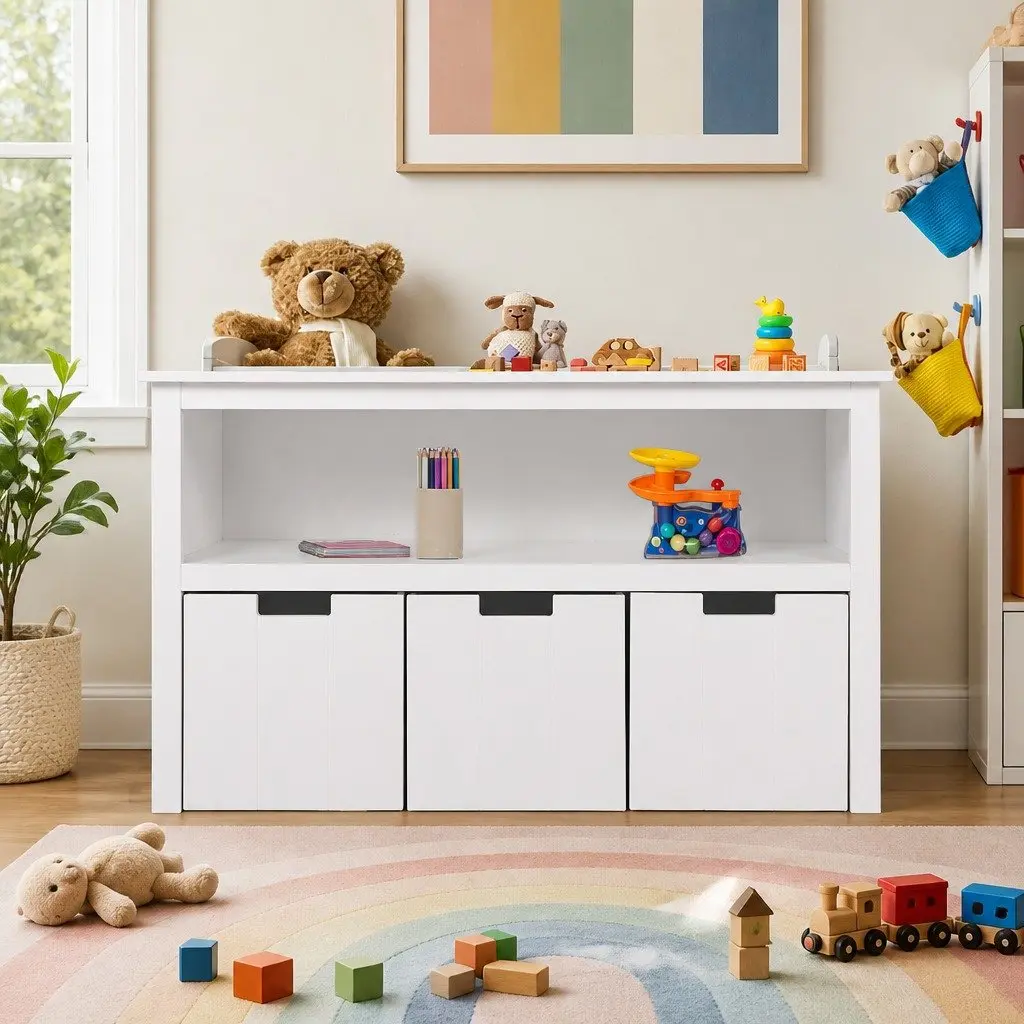 Kids Toy Storage Unit Organiser with Drawers and Shelves White Playroom 95.5cm W x 33cm D x 61cm H