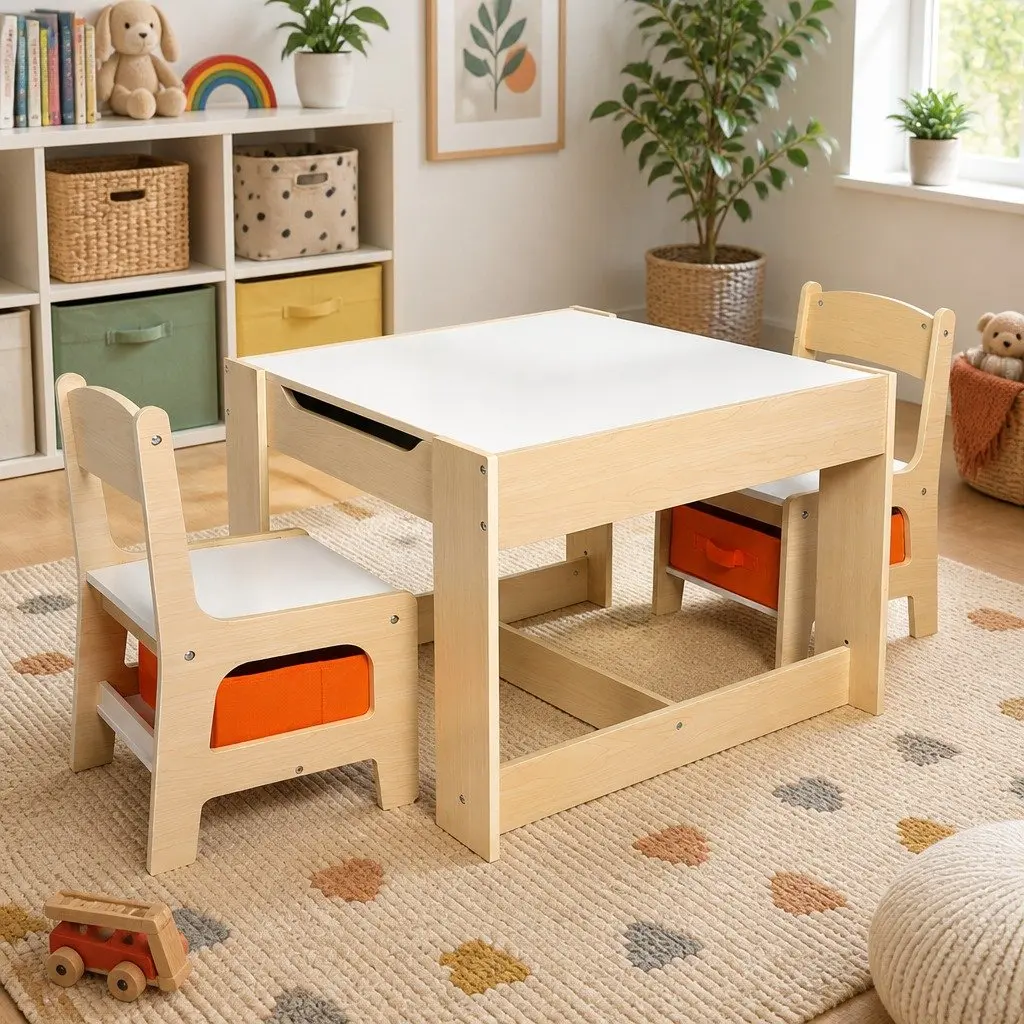 Kids Table and Chair Set Storage Blackboard Flip-Top Dining Craft Activity