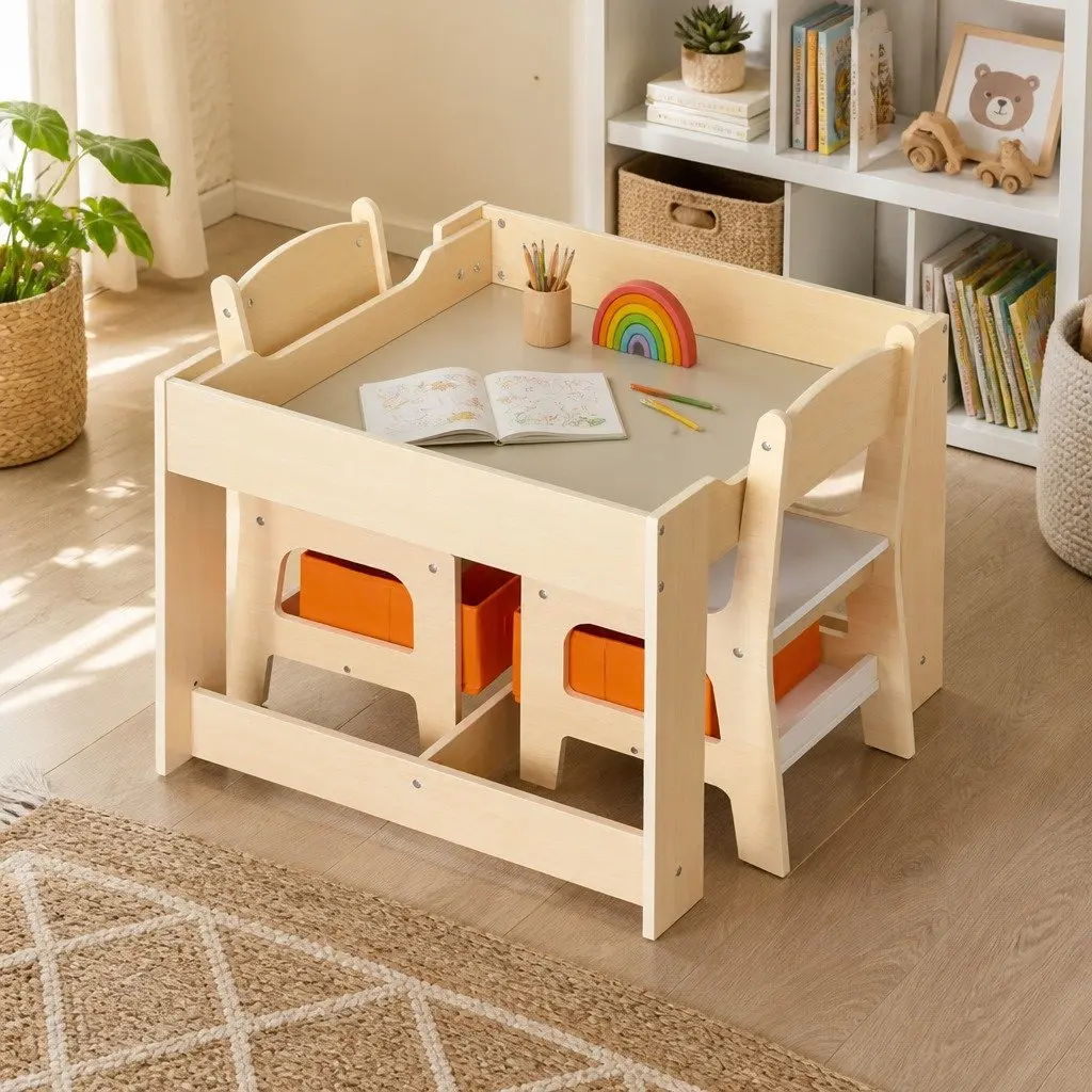 Kids Table and Chair Set Storage Blackboard Flip-Top Dining Craft Activity