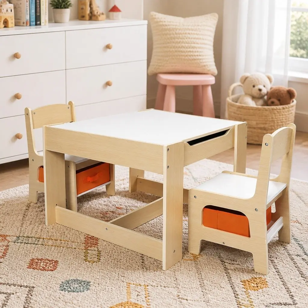 Kids Table and Chair Set Storage Blackboard Flip-Top Dining Craft Activity