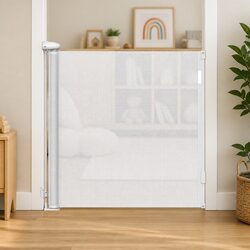 Retractable Baby Safety Gate 150cm Wide Mesh Barrier for Stairs Doorways Indoor