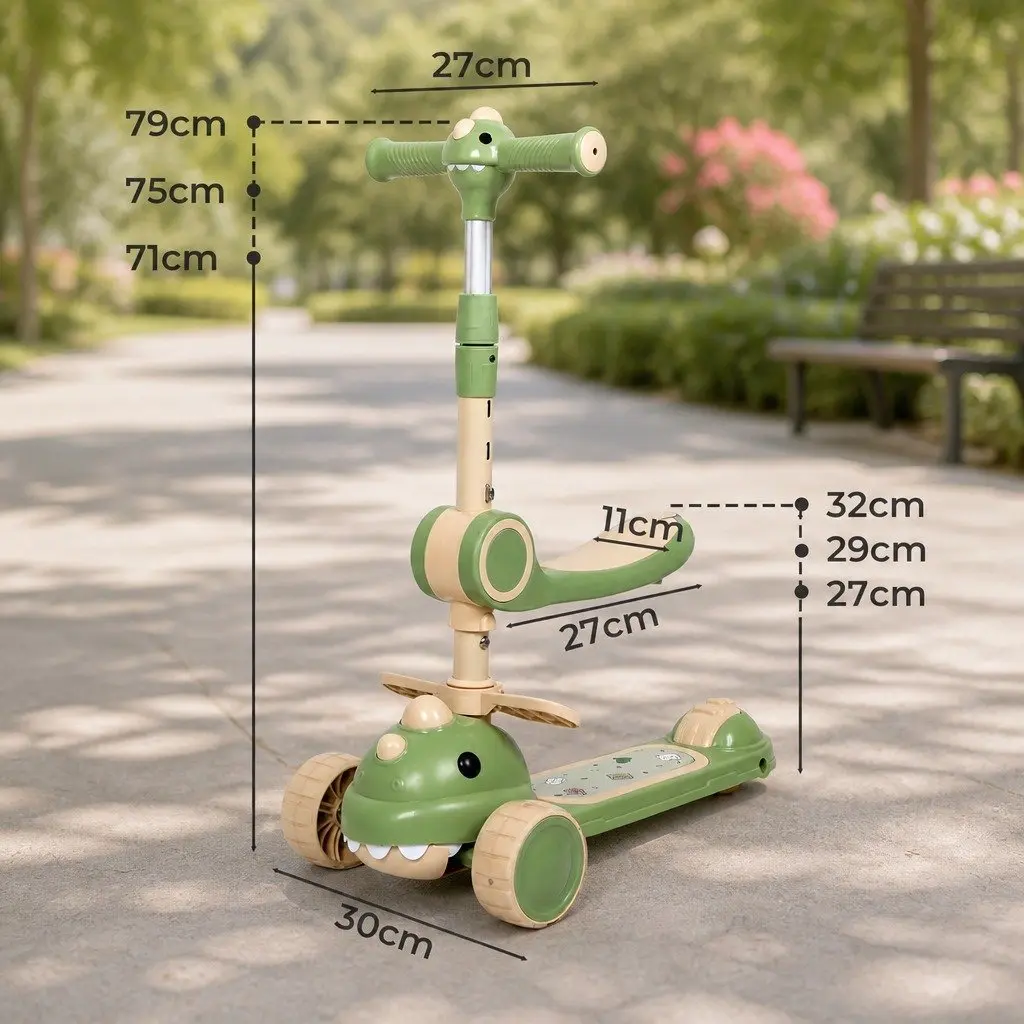 Kids Scooter for Park or Neighbourhood Adjustable Handlebar 3 Wheels Flip-able Seat Green