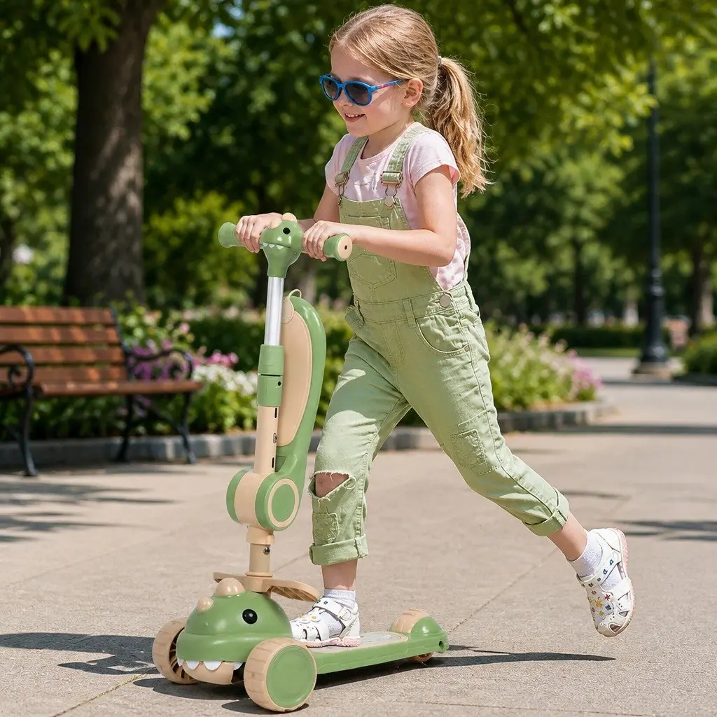 Kids Scooter for Park or Neighbourhood Adjustable Handlebar 3 Wheels Flip-able Seat Green