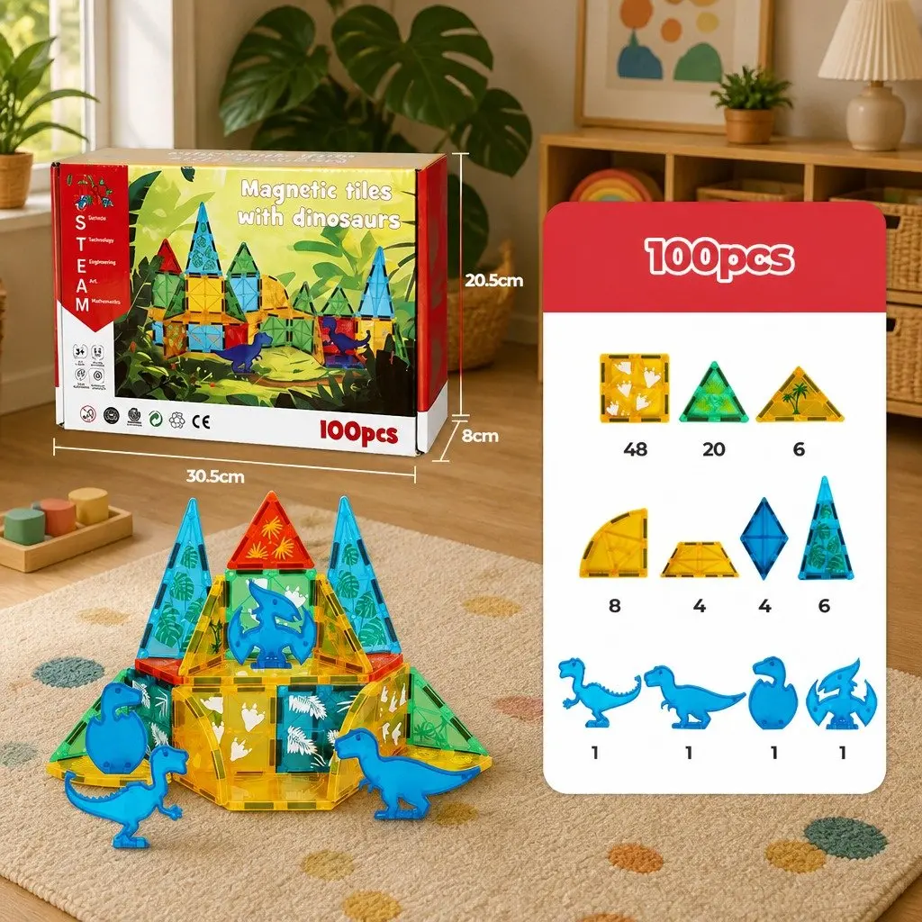 Magnetic Building Blocks for Kids Dinosaur Themed Educational Play 100 Piece