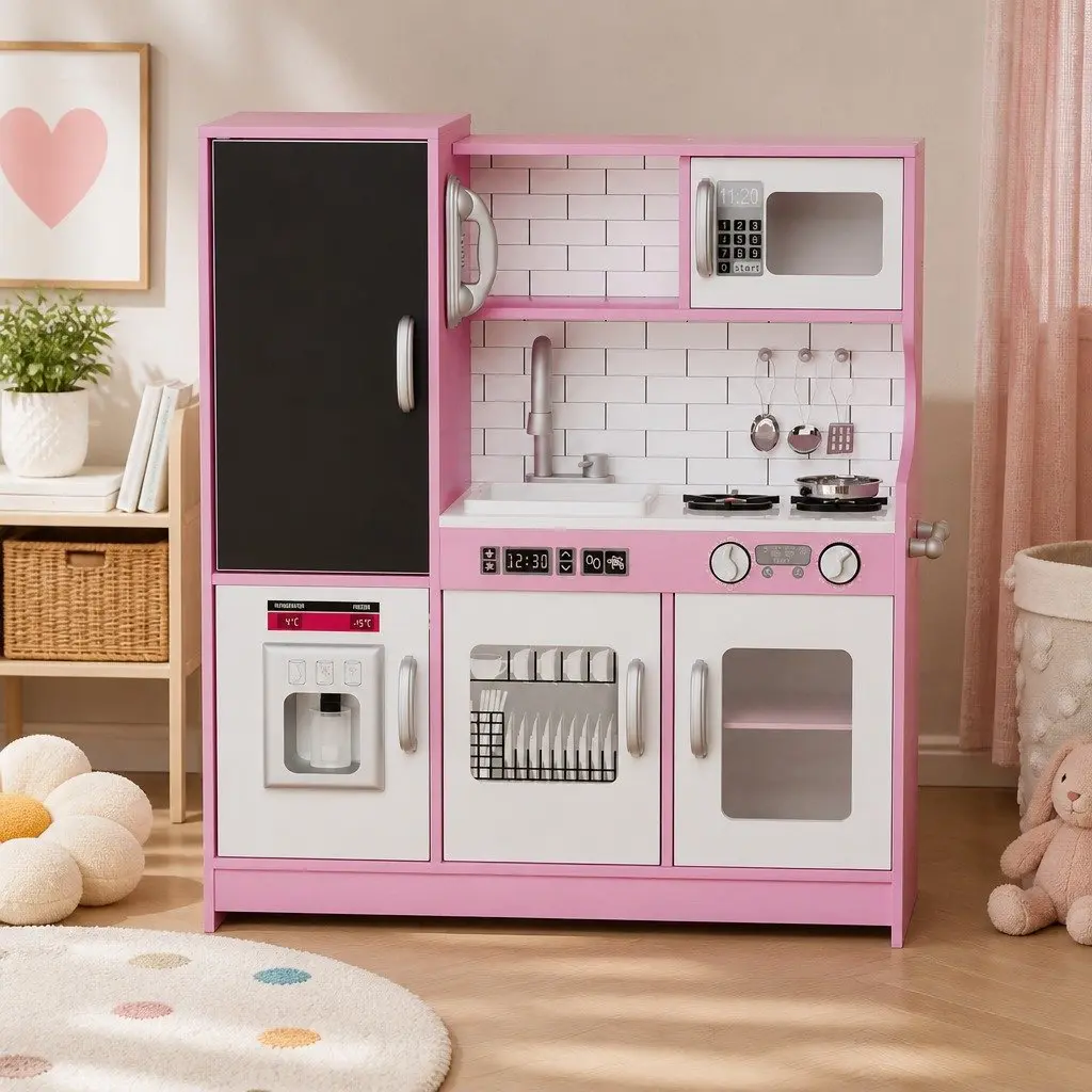 Wooden Kids Kitchen Set Pretend Play Toy for Imaginative Cooking with Microwave Oven Sink Stove Pink 75cm x 24cm x 80cm