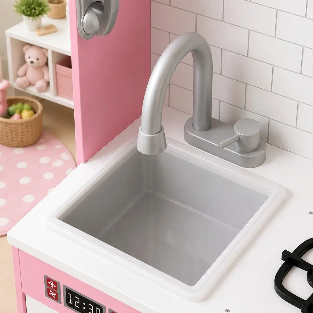 Wooden Kids Kitchen Set Pretend Play Toy for Imaginative Cooking with Microwave Oven Sink Stove Pink 75cm x 24cm x 80cm