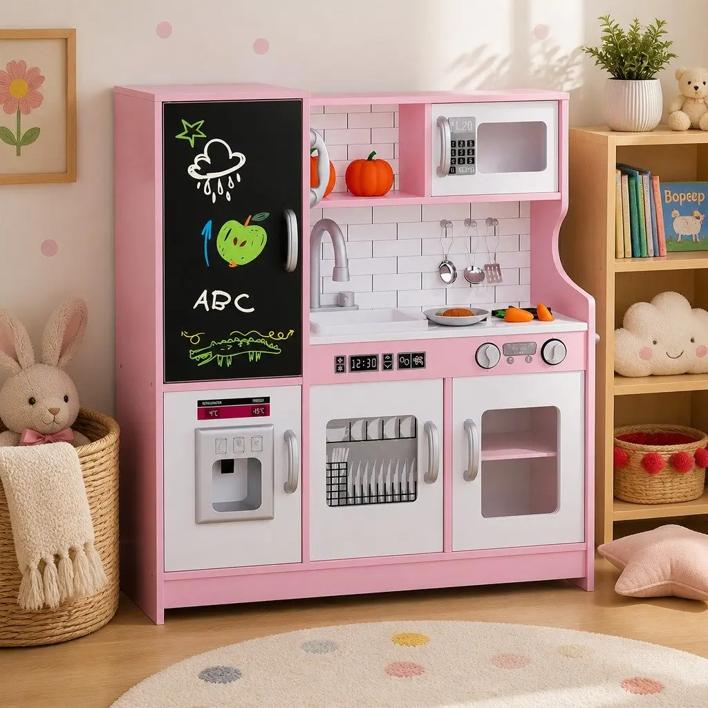 Wooden Kids Kitchen Set Pretend Play Toy for Imaginative Cooking with Microwave Oven Sink Stove Pink 75cm x 24cm x 80cm