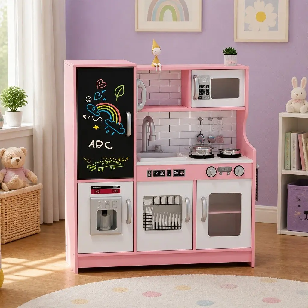 Wooden Kids Kitchen Set Pretend Play Toy for Imaginative Cooking with Microwave Oven Sink Stove Pink 75cm x 24cm x 80cm