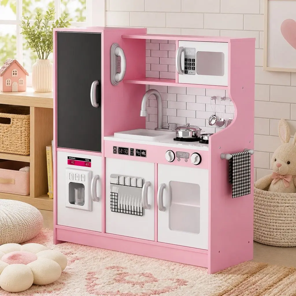 Wooden Kids Kitchen Set Pretend Play Toy for Imaginative Cooking with Microwave Oven Sink Stove Pink 75cm x 24cm x 80cm