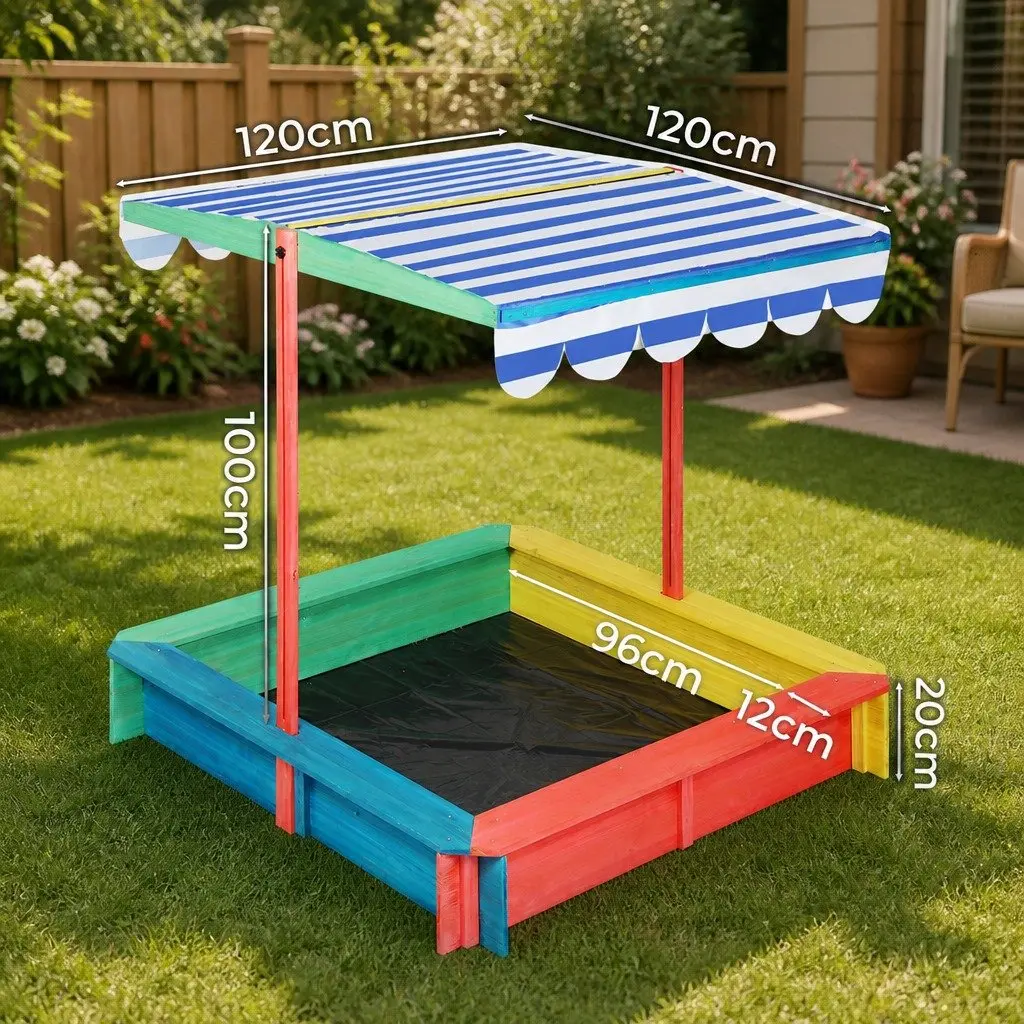 Kids Wooden Sandbox 120x120cm Outdoor Play Pit With UV Canopy Backyard Garden